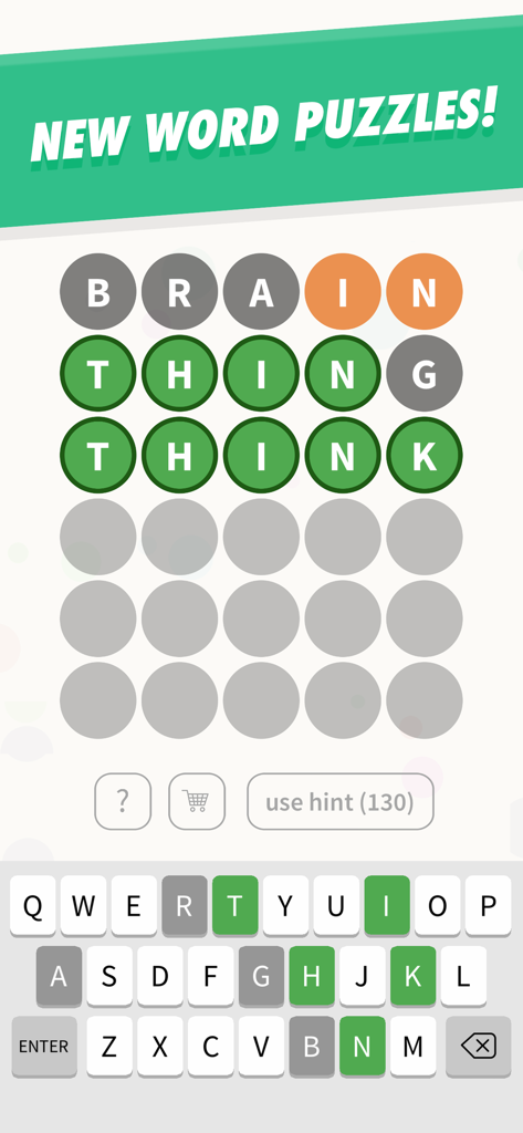 WordBubbles! - A word puzzle interface in the WordBubbles app featuring letter bubbles and a keyboard