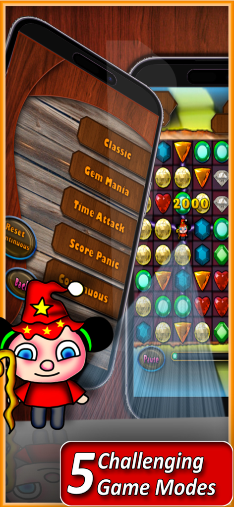 Swiped - Interface of the Swiped mobile puzzle game featuring five game modes and gem matching gameplay