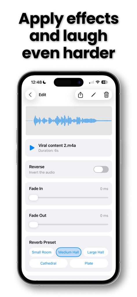 Reverse Play - Voice Changer - Reverse Play app interface showing audio editing tools including reverb presets and fade controls