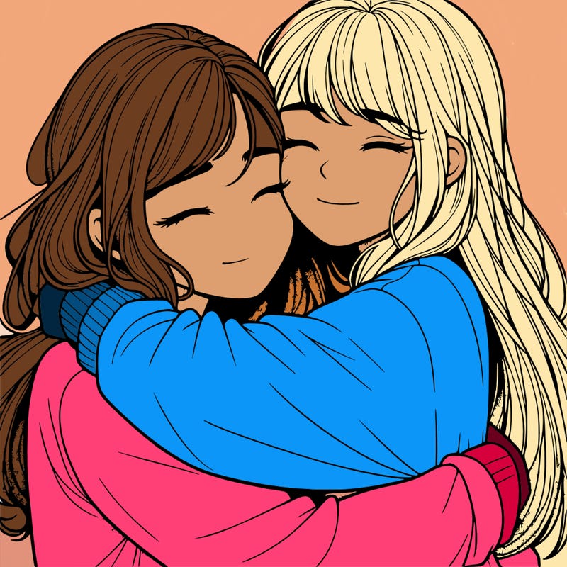 realistic two girls hugging