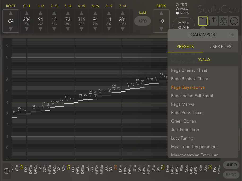 ScaleGen - ScaleGen app interface showing a list of musical scale presets and a microtonal pitch editing matrix.