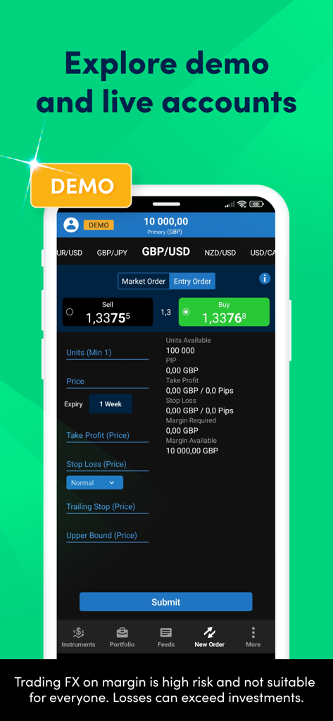 OANDA forex trading app showing a demo account interface for GBP USD currency pair.