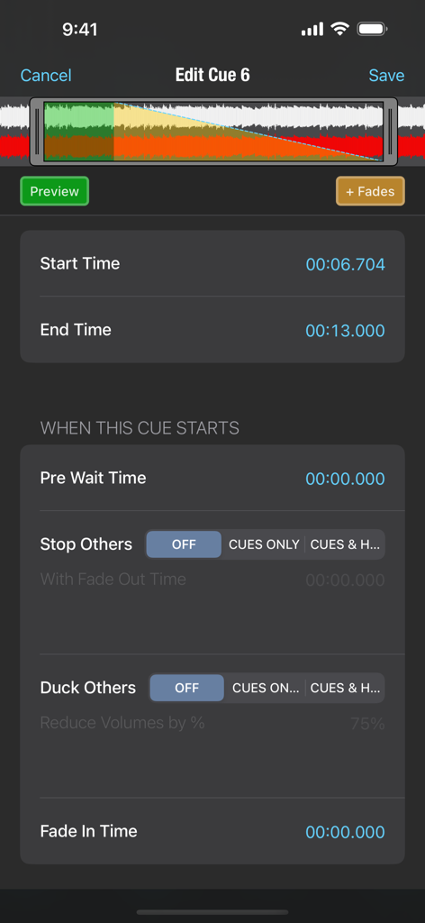 Go Button app interface for editing audio cue parameters including waveform display and timing controls