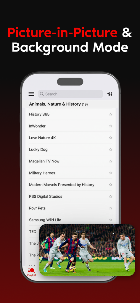 IPTV player m3u8 EPG Xtream - IPTV player interface showing picture-in-picture mode with a live soccer game.