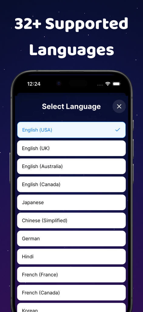Story Hero: AI Reading App - Story Hero app screen showing a menu with over 32 supported languages including English, Japanese, and French