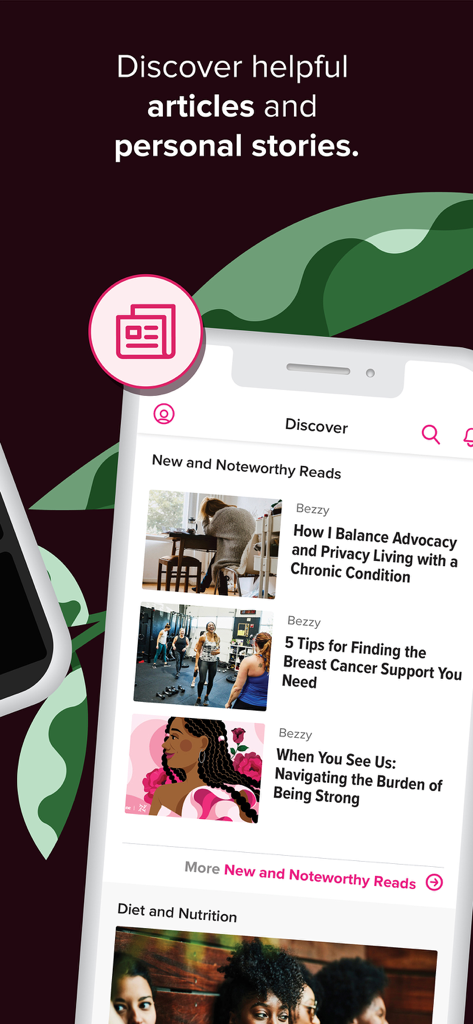 Bezzy Breast Cancer - Sección Descubrir de la aplicación Bezzy Cáncer de Mama que muestra artículos destacados e historias personales sobre vivir con una condición crónica y encontrar apoyo.