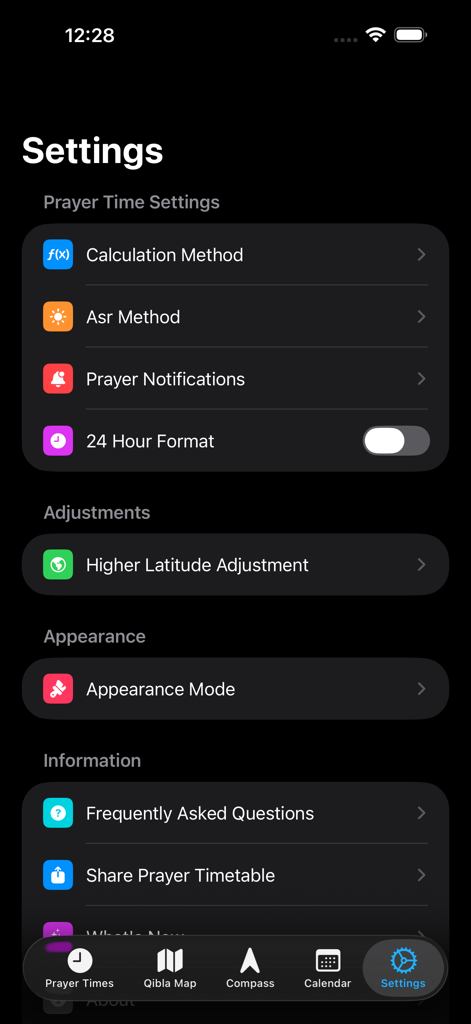 alQibla - The settings screen of the alQibla app showing prayer calculation and notification options