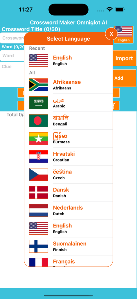 Crossword Maker Omniglot - A list of various languages and flags to select from in the Crossword Maker Omniglot app