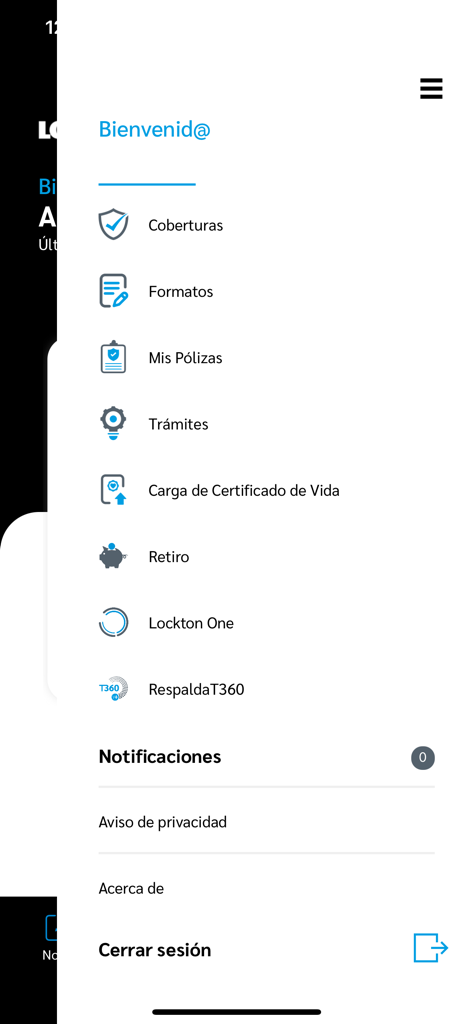 beMobile Lockton Mexico app side navigation menu showing insurance services such as policies coverage and forms