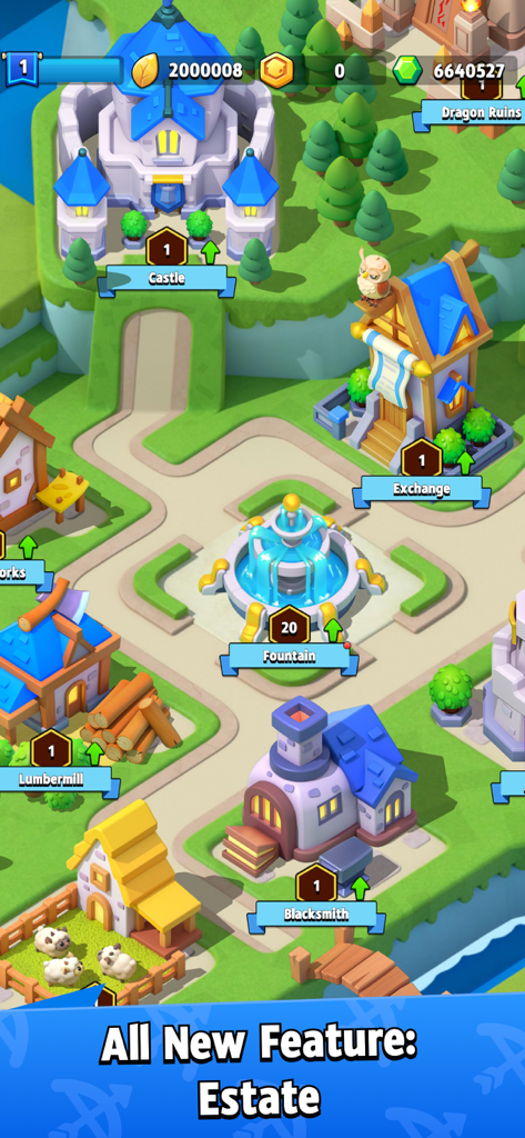 Top down view of the new Archero Estate feature showing buildings like the Castle and Blacksmith