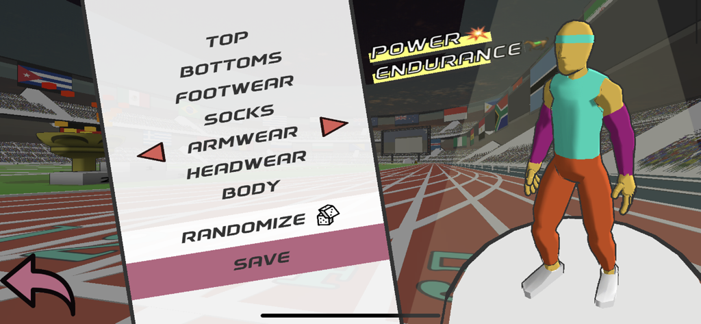 Speed Starsアプリのキャラクターカスタマイズ画面。スタジアムのトラックでアスリートの衣装オプションとパフォーマンス統計が表示されている