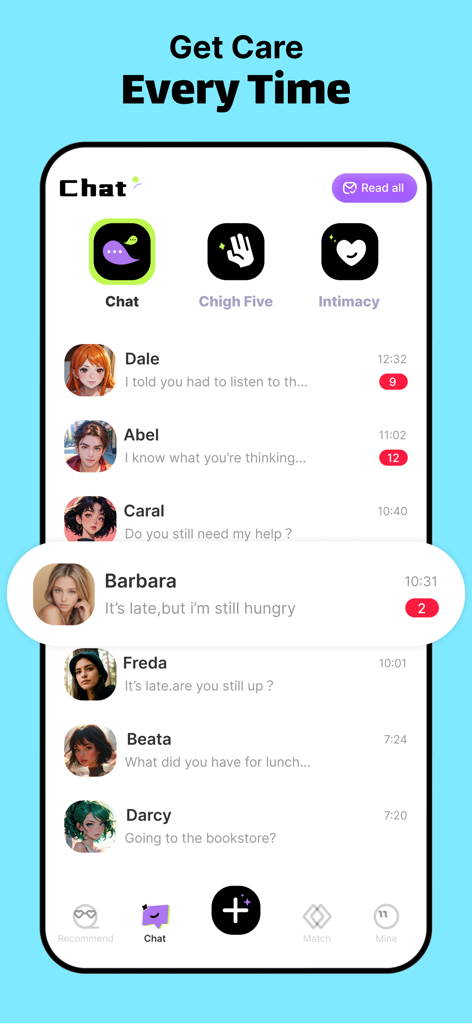 The chat list interface of Magic: Fantasy Roleplay Chat app featuring various AI characters like Barbara and Dale.