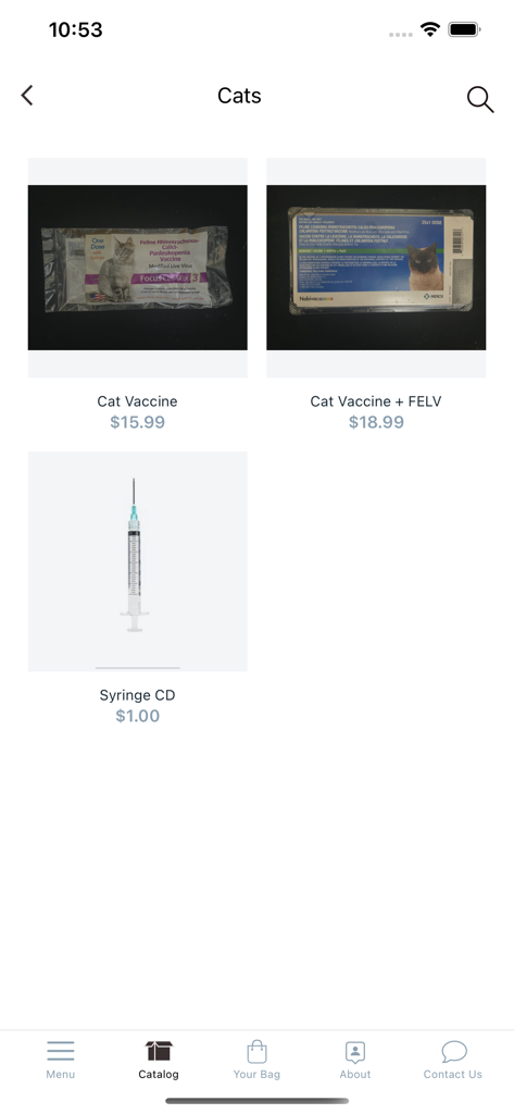 TGT Feed & Farm - Cat vaccine and syringe product list in the TGT Feed and Farm app catalog