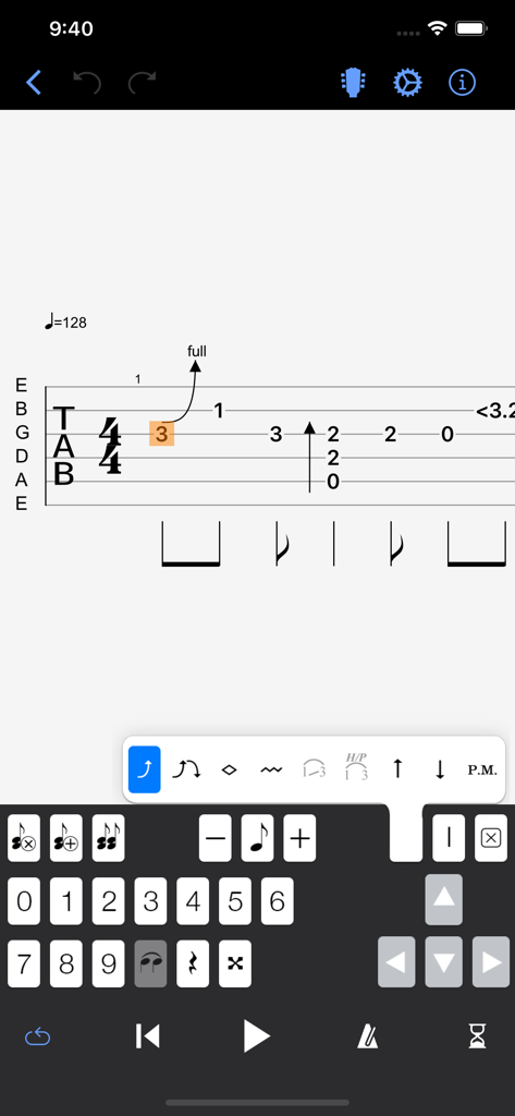 Guitar Pro - L'outil NotePad de l'application mobile Guitar Pro affichant un éditeur de tablature de guitare avec un pavé numérique et des symboles de notation musicale.