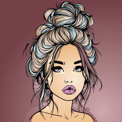 realistic girl with a messy bun and she has lips