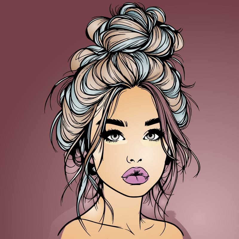 realistic girl with a messy bun and she has lips