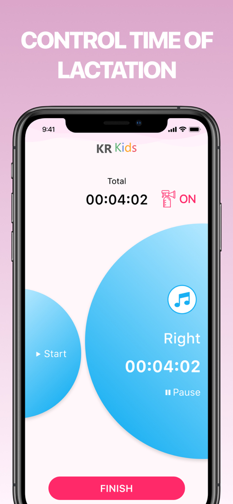KR Kids app interface showing a lactation timer and pumping status.
