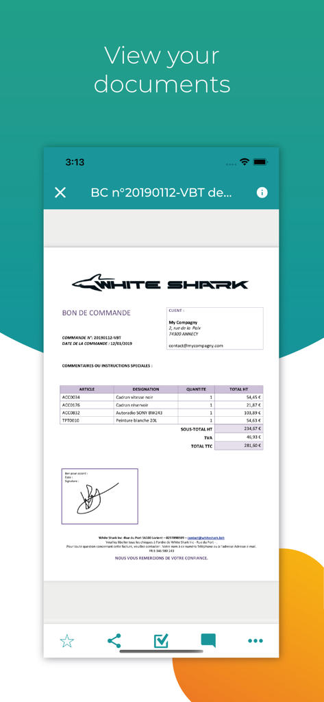 Open Bee Mobile - Smartphone screen showing a digital purchase order document within the Open Bee Mobile app interface.