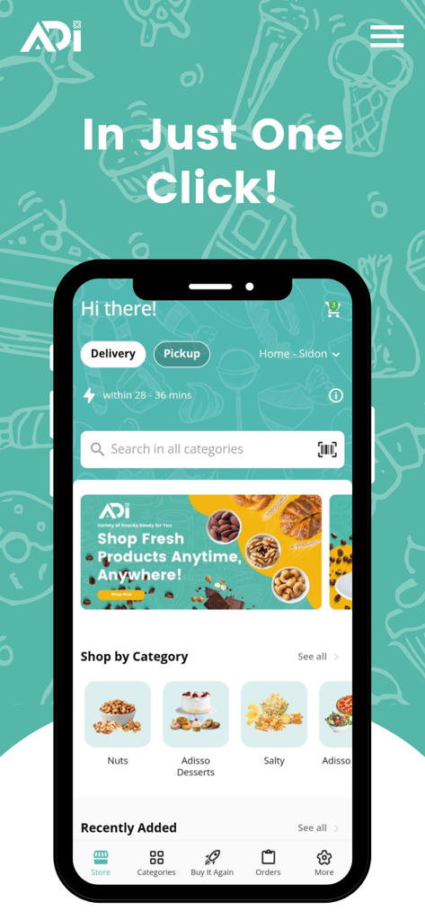 ADI Lebanon - Pantalla de inicio de la aplicación móvil ADI Líbano mostrando categorías de alimentos para frutos secos y postres con opciones de entrega y recogida.