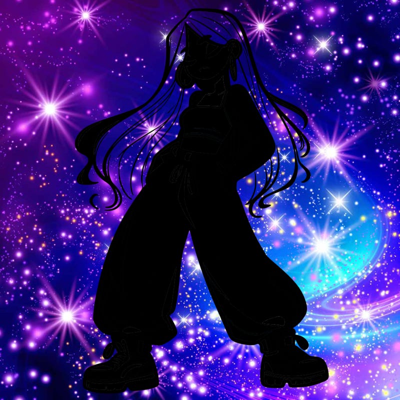 girl in baggy pants crop top and long hair