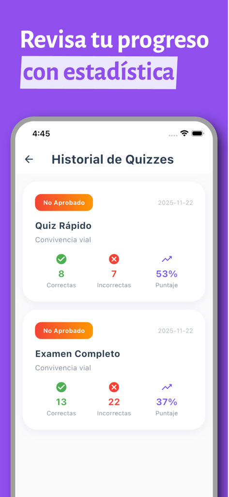 Conduzy app quiz history screen showing test scores and progress statistics.