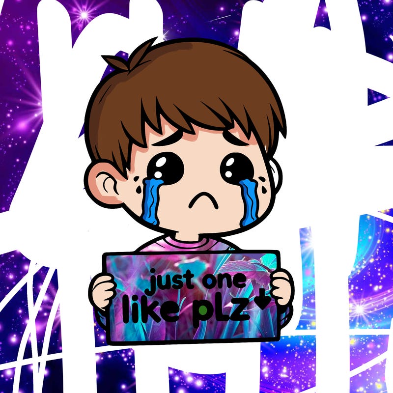 realistic crying boy with a sign saying just one like plz