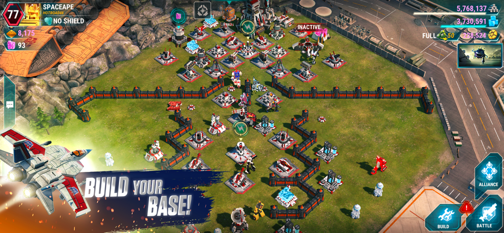 Transformers: Earth Wars - Eine Draufsicht auf eine Spielerbasis im mobilen Strategiespiel Transformers Earth Wars mit Verteidigungstürmen und Mauern
