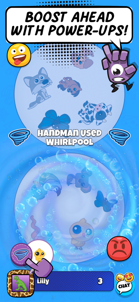 Schermata di gioco di SPOT IT GO che mostra un effetto potenziamento mulinello e simboli di animali su una tavola colorata.