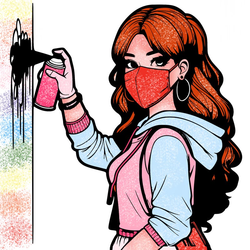 realistic girl with mask spray painting a wall