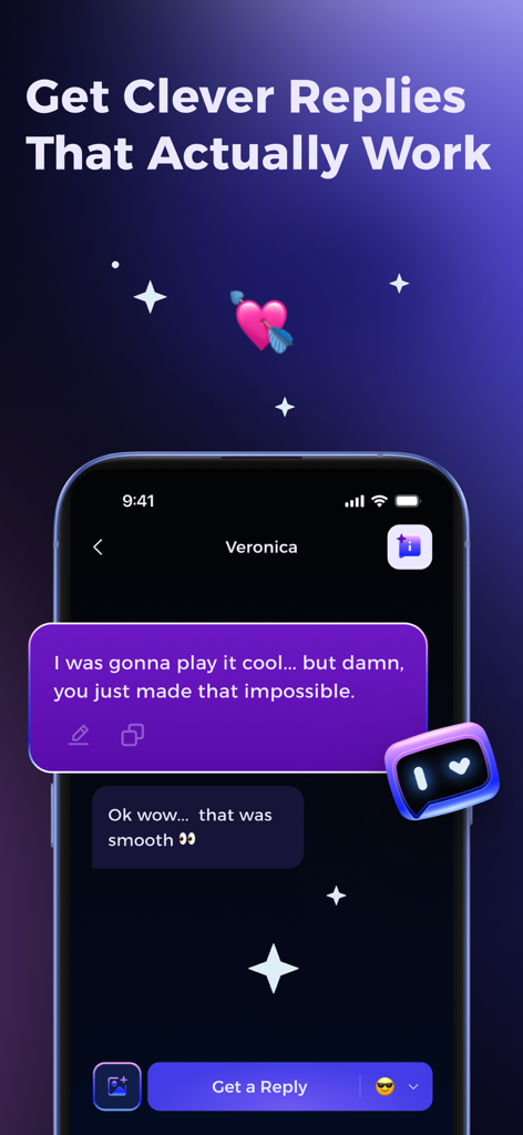 Smooth Ai - Rizz Wingman - Smooth AI app interface showing a clever pickup line with a positive response in a dating chat.