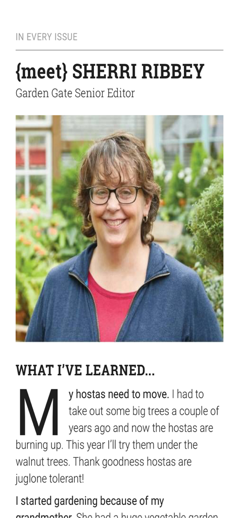 Garden Gate Magazine - A profile page from Garden Gate Magazine featuring Senior Editor Sherri Ribbey with a photo and a column about gardening lessons.