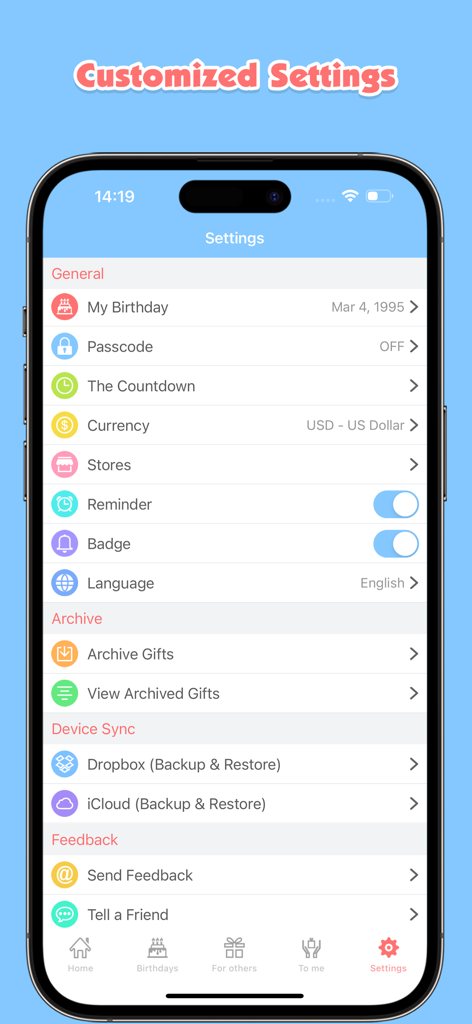 The settings menu of the Birthday Planner Pro app showing options for reminders currency and cloud backup