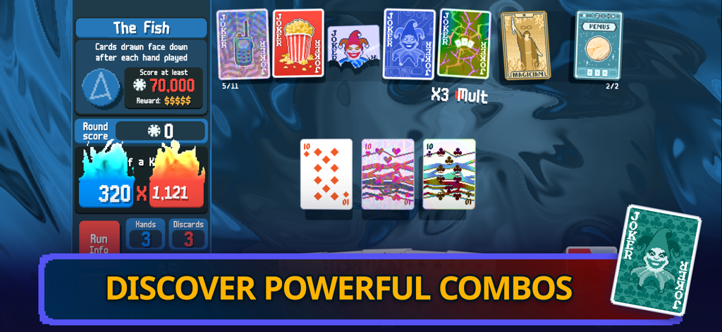 Balatro - Balatro gameplay screenshot showing a poker hand with various Joker cards and multiplier scores