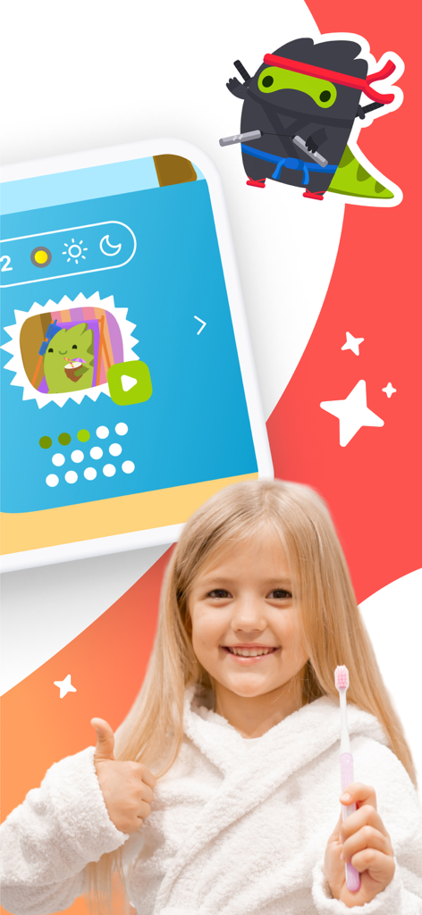 Mimizaur: Tooth Brushing Timer - A smiling young girl in a bathrobe holding a toothbrush next to the Mimizaur app interface showing cartoon rewards and a ninja character
