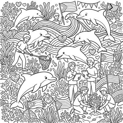 Dive into a sea of creativity with this unique coloring page, beautifully blending the joy of Dolphin Conservation with the vibrant spirit of Pride. It's a wonderful way to celebrate diversity and marine life protection through art.