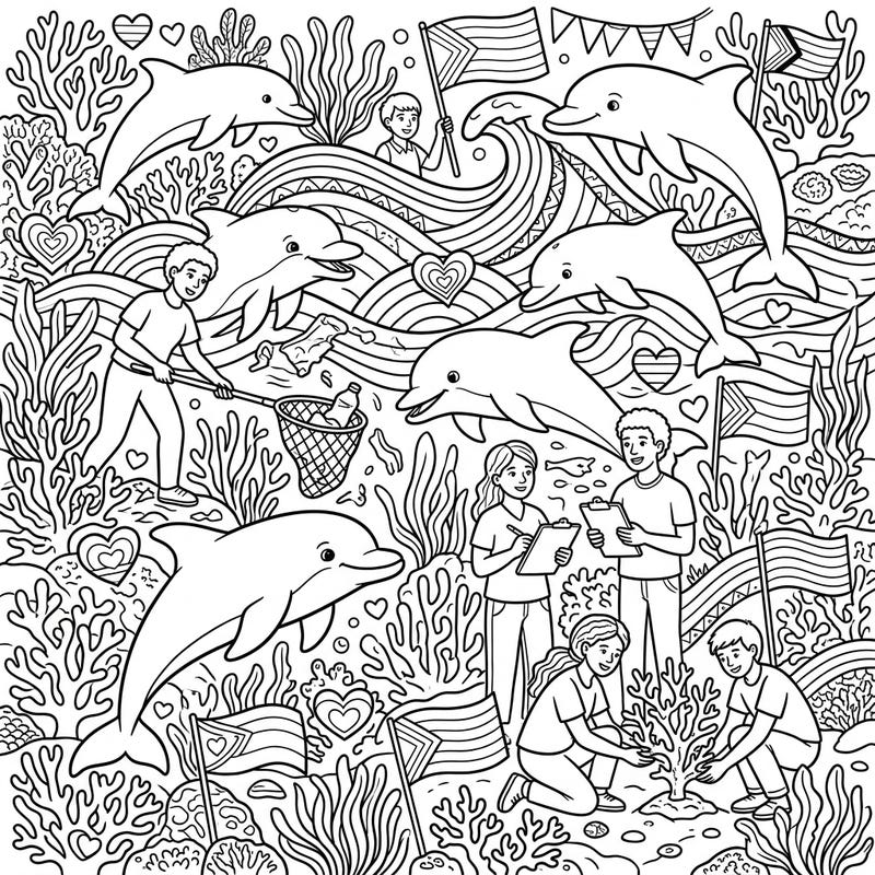 Dive into a sea of creativity with this unique coloring page, beautifully blending the joy of Dolphin Conservation with the vibrant spirit of Pride. It's a wonderful way to celebrate diversity and marine life protection through art.