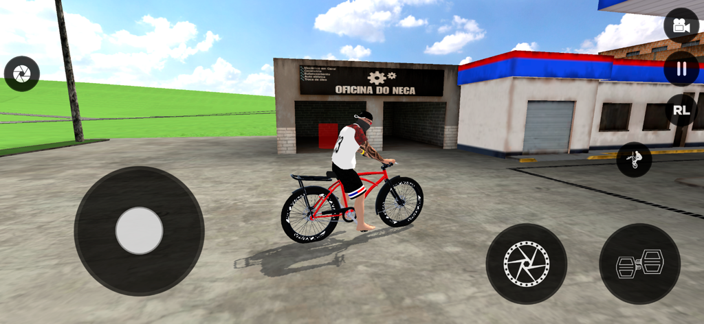 Bike Dichavadas - Brasil - A character on a red custom bicycle in front of a workshop in Bike Dichavadas Brasil.