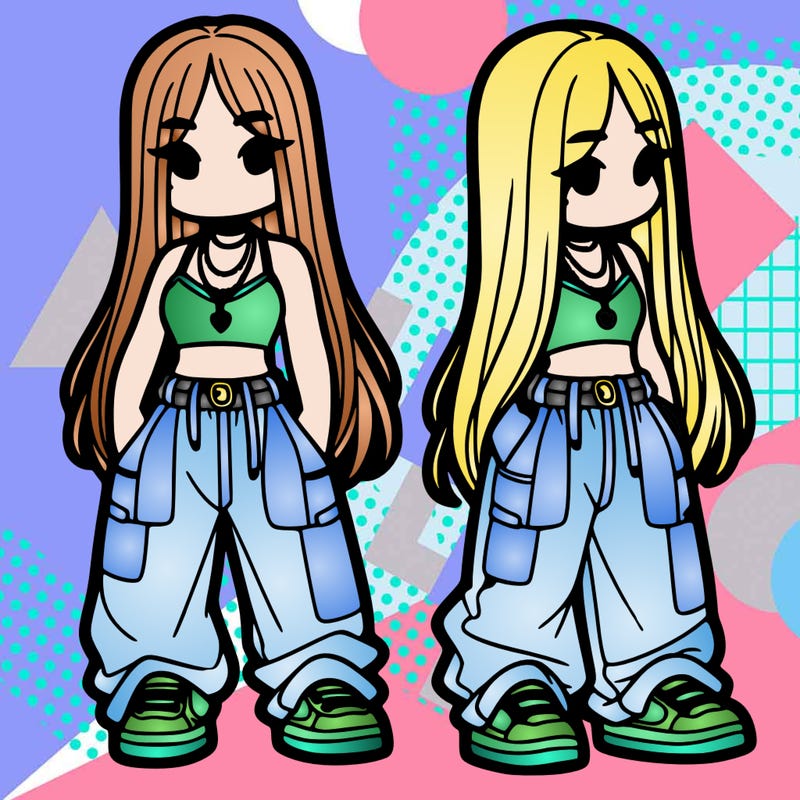 girl in baggy pants crop top and long hair