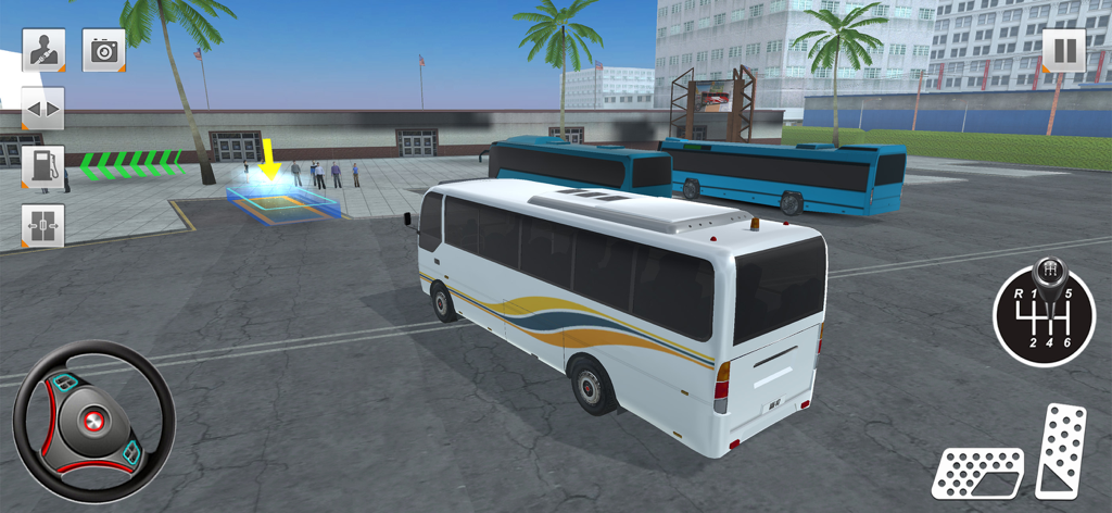Bus Simulator Driving Game 3D - バスシミュレーター ドライビングゲーム 3Dのゲームプレイ。ターミナルに停車中の白いバス、乗客のピックアップマーカー、運転コントロールが表示されている。