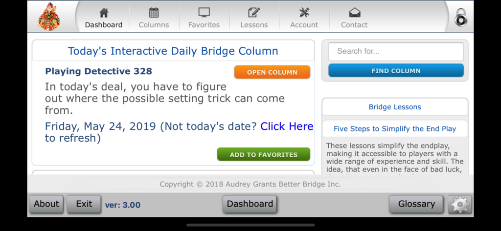 The main dashboard of the Audrey Grant Better Bridge app showing daily bridge columns and lesson categories