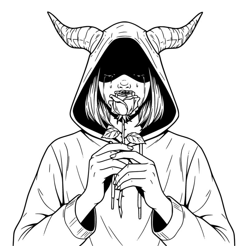 holding wilted rose in both hands no pupil in eyes 
teenage girl hood covering her eyes and crying horns on her head