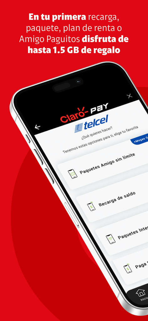 Claro Pay App Bildschirm, der 1,5 GB Geschenk für die erste Telcel-Aufladung oder den ersten Tarif anbietet