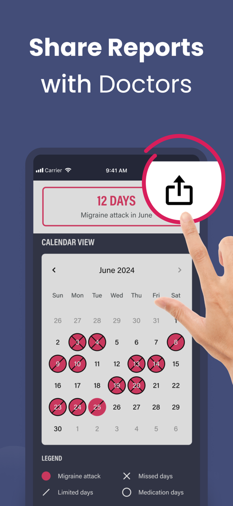 Migraine Buddy: Track Headache - Aplicación Migraine Buddy que muestra un calendario mensual de ataques de dolor de cabeza con un botón para compartir informes con los médicos.