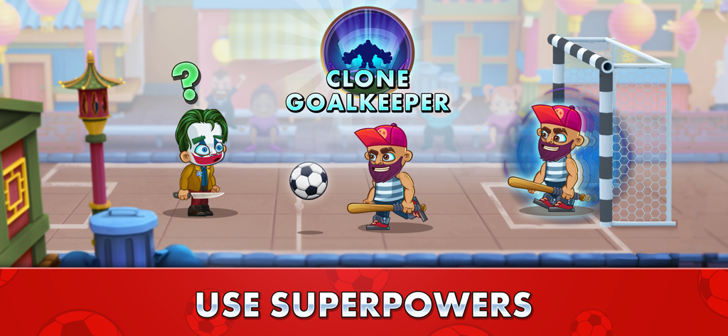 Street Soccer: Ultimate Fight - Jugabilidad de Street Soccer Ultimate Fight mostrando el superpoder Clone Goalkeeper activo en una cancha urbana.