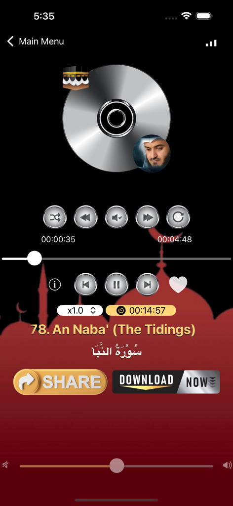 Hafalan Juz Amma Lengkap - Audio player interface for Quran memorization showing Surah An-Naba
