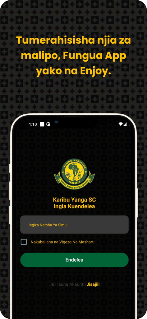 Yanga SC mobile app login page featuring the football club logo and Swahili text