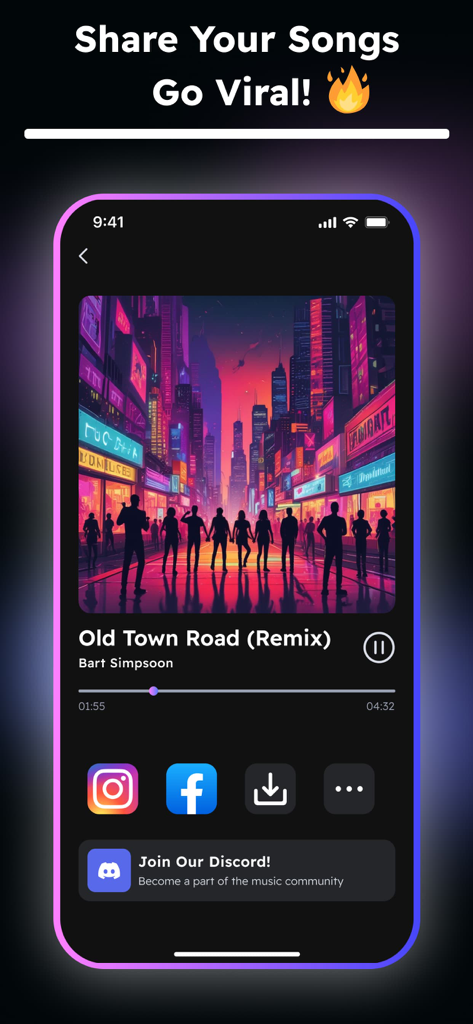Interface of the Music Maker AI Song Generator app showing a song playback screen with options to share on social media platforms like Instagram and Facebook