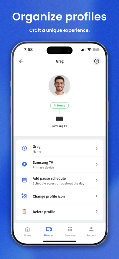 Intellifi by Adtran® - Intellifi app screen showing user profile settings including pause schedules and device management for a specific household member