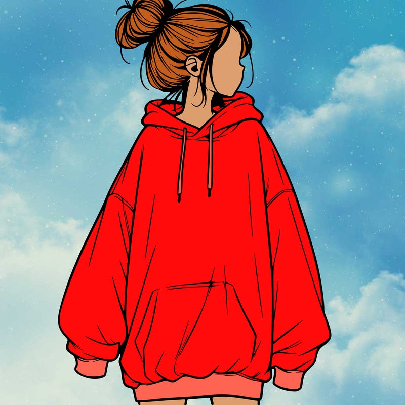 realistic girl with a oversized sweatshirt on and a bun