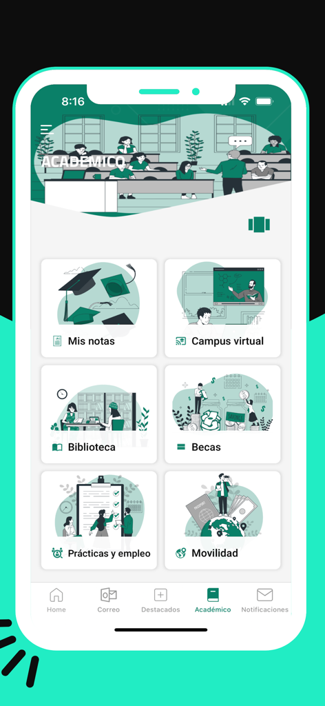 Academic section of the University of Extremadura app displaying icons for grades virtual campus and mobility services